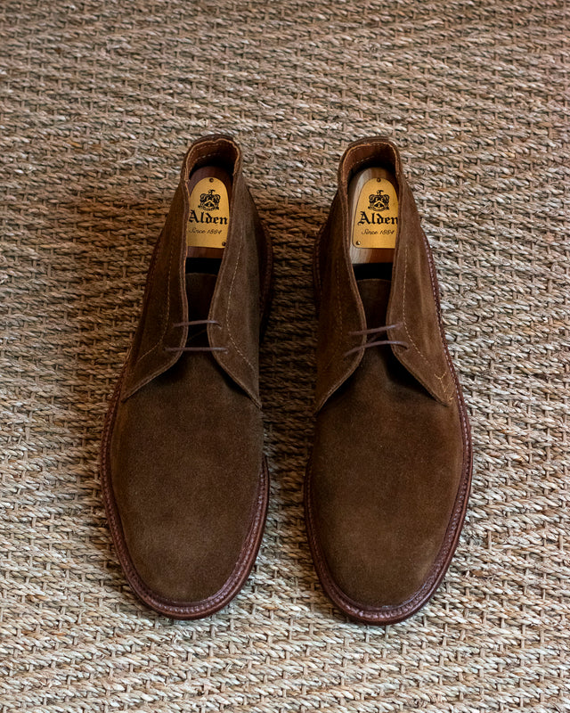 A pair of brown suede chukka-style shoes with dark brown laces, displayed flat on a textured beige woven rug. The brand name 'Alden' is visible on the insoles.