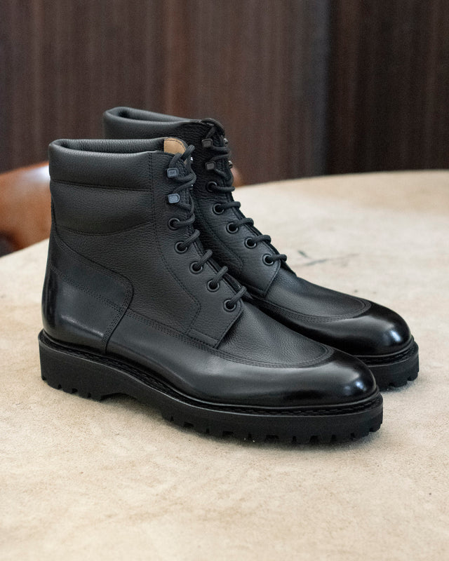 John Lobb Peak boot in black calf and light grain, styled view