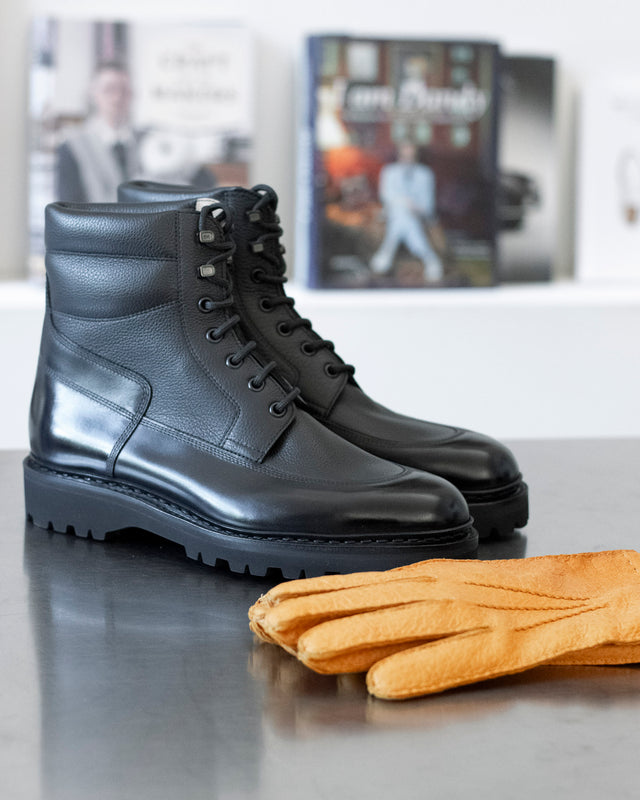 John Lobb Peak boot in black calf and light grain, styled view