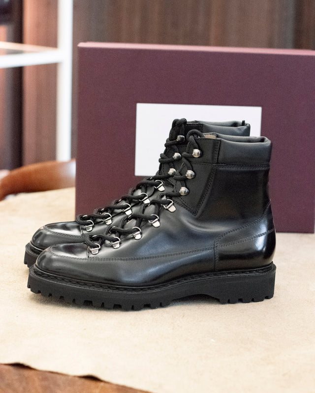 John Lobb Sommet boot in black calf, styled view with shoebox